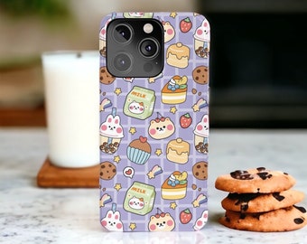 Kawaii Food Phone Case, Cookies and Milk Pattern