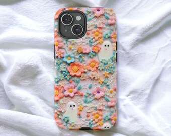 3D Effect Ghosts and Flowers Phone Case, Faux Clay Phone Case, Faux Embroidery Phone Case