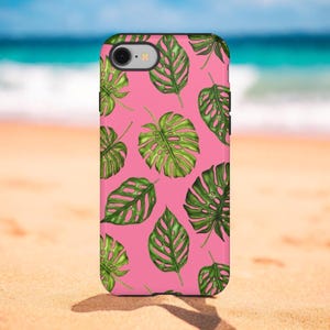 Monstera Leaves Phone Case, Tropical Phone Case, Pink Tropical Phone Case, Samsung Galaxy S24, Google Pixel 8 Pro