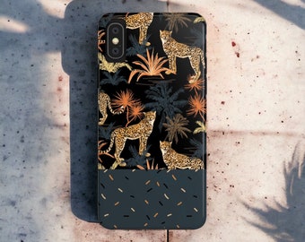 May include: A black phone case with a repeating pattern of leopards and palm trees. The bottom half of the case is a dark blue with a pattern of small, light brown and yellow dashes.