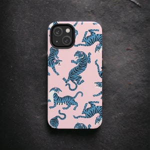 Blue Tiger Pink Jungle Tough Phone Case iPhone 15 ProMax, Google Pixel 8 Pro, Samsung Galaxy S24