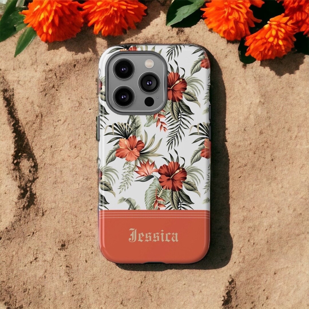 Orange Hibiscus Tropical Floral Custom Name Phone Case iPhone 15