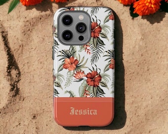 Etui na telefon z pomarańczowym kwiatem hibiskusa i imieniem, wzór tropikalny