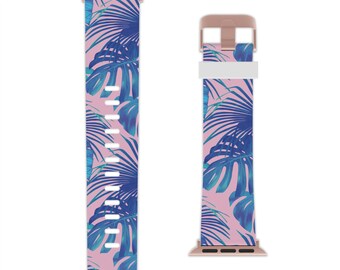 Correa para Apple Watch con diseño de hojas de palmera tropical: rosa y azul