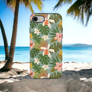 Modern Tropical Flowers Phone Case, Palm Tree Phone Case, Beach Phone Case, Samsung Galaxy S24, Google Pixel 8 Pro