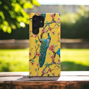Cherry Blossom, Vintage Yellow Peacock Phone Case, iPhone Phone Case, Android Phone Case, Google Pixel Phone Case