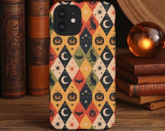 Vintage Halloween Phone Case, Quilted Patchwork Design, Retro Fall Cottagecore Case for iPhone Samsung, Spooky Cute Gift