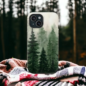 Custodia MagSafe per telefono, foresta di pini, acquerello, foresta di pini, custodia per telefono con montagne, custodia per iPhone con calamita integrata