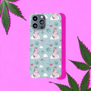 May include: A light blue phone case with a pattern of unicorns smoking bongs and surrounded by clouds and marijuana leaves.