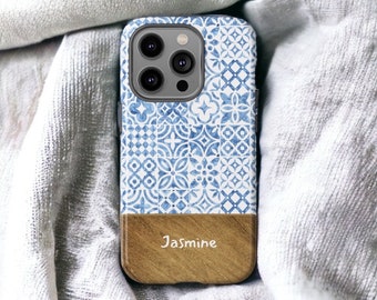 Etui na telefon z niebieską hiszpańską kafelką i niestandardową nazwą, iPhone, Samsung, Pixel