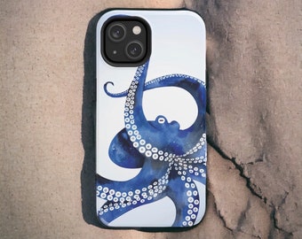 May include: A white phone case with a blue and white octopus design. The octopus has a galaxy-like pattern on its body.