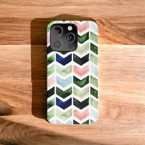 Green Pink Blue Abstract Watercolor Chevron Tough Case for iPhone 15, Google Pixel, Samsung Galaxy