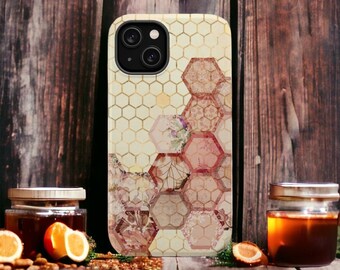 Golden Honeycomb Dusty Rose Bee Pattern, iPhone 15 Tough Case, Samsung Galaxy, Google Pixel