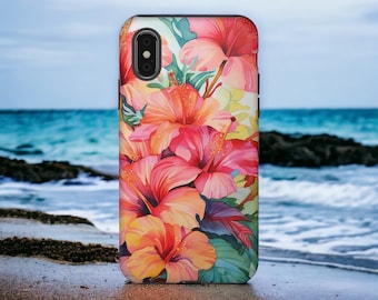 Custodia per telefono con motivo acquerello di ibisco, motivo floreale tropicale