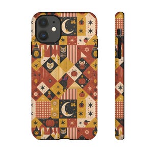 May include: A patterned phone case featuring a patchwork design with Halloween-themed illustrations. The case showcases pumpkins, owls, moons, stars, and witch hats in a color palette of orange, yellow, and black. The side view reveals a matching pattern.