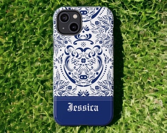 Etui na telefon z imieniem i niebieskim mozaikowym misiem Talavera