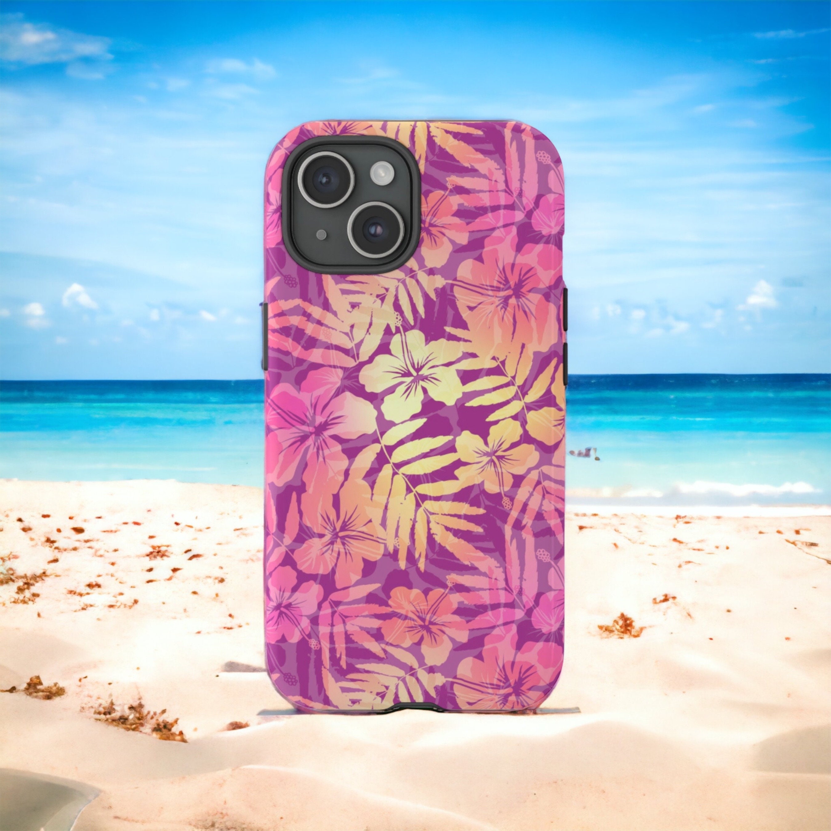 Tropical Palm Leaf Floral Hibiscus Pink and Yellow iPhone 15 Phone Case, Google Pixel 8 Pro, Samsung Galaxy S24, iPhone 16