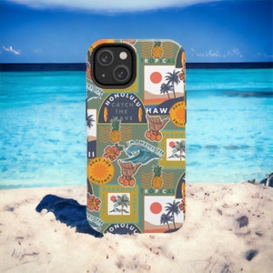 May include: A green, yellow, and red phone case with a tropical theme. The case features images of pineapples, palm trees, waves, and the words "Honolulu", "Catch the Wave", "Tropical", "Pray for Sunshine", and "I'm a Wave Lover".