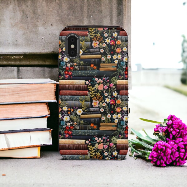 3D Illusion Embroidered Style Wildflower Books Phone Case, 3D Print of Flowers and Books Phone Case, iPhone 15 Phone Case