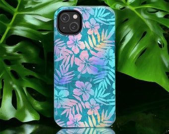 Turquoise Blue Tropical Palm Leaf, Hawaiian Hibiscus Phone Case, iPhone 15 ProMax, Samsung Galaxy, Google Pixel, iPhone 16
