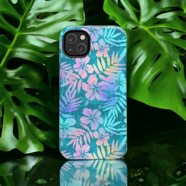 Turquoise Blue Tropical Palm Leaf, Hawaiian Hibiscus Phone Case, iPhone 15 ProMax, Samsung Galaxy, Google Pixel
