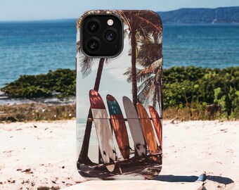 Surfboard Palm Trees Beach Tough Phone Case, iPhone 15 Pro, Google Pixel, Samsung Galaxy S24, iPhone 16 Pro Max