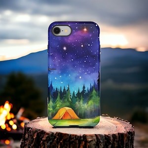 Watercolor Camping Phone Case for iPhone 15 14 13, Camping at Night Phone Case, Samsung Galaxy S24, iPhone 16