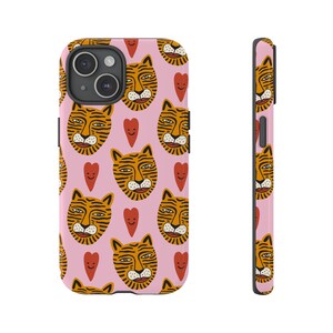 Hearts and Tiger Phone Case, Doodle Tiger Phone Case, Samsung Galaxy S24, Google Pixel 8 Pro, iPhone 16