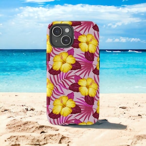 Pink and Yellow Hibiscus Phone Case, Tropical Phone Case, Hawaiian Floral Phone Case, Samsung Galaxy S23, Google Pixel 8