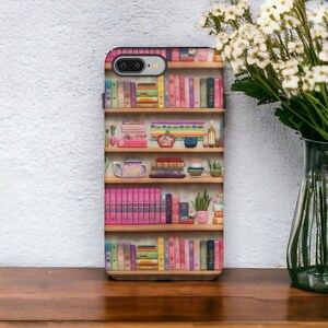 Bokhylle-illusion-telefonskal, present till bokälskare, Cottagecore-biblioteksdesign