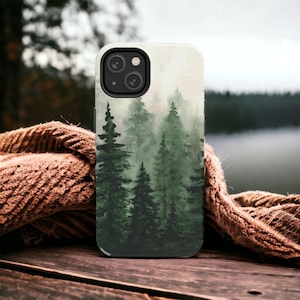 Custodia per telefono resistente e lucida con motivo a foresta di pini ad acquerello, per iPhone 15, Samsung Galaxy S24, Google Pixel 8 Pro, iPhone 16