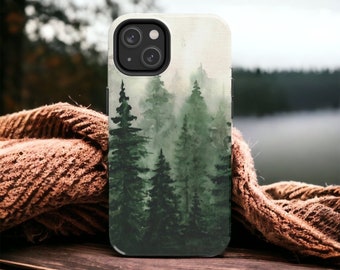 Watercolor Pine Tree Forest Mountains Glossy Tough Phone Case iPhone 15 Phone Case, Samsung Galaxy S24, Google Pixel 8 Pro