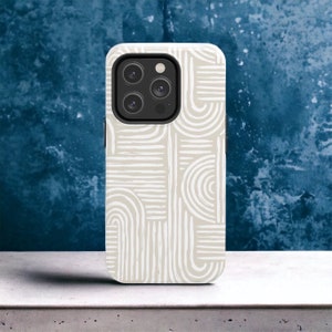 Beige Tan Geometric Design Boho Minimalist Tough Phone Case iPhone 15 ProMax, Google Pixel, Samsung Galaxy