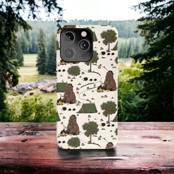 Funda rígida Hipster Bear Hedgehog Camping para iPhone 15, Google Pixel, Samsung Galaxy