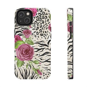 May include: A phone case with a pink rose and leopard print design. The case is made of a durable material and has a sleek, modern look.