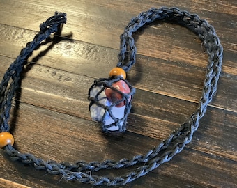 Adjustable hand-woven hemp necklace with polished stones I got from the mining museum in Colorado. I call it my American Flag necklace.