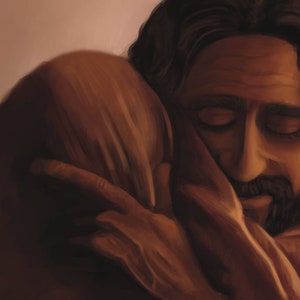May include: A painting of two people embracing. The person in the foreground has long dark hair and is wearing a brown robe. The person in the background is wearing a brown robe and has their face hidden.