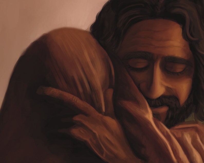 May include: A painting of two people embracing. The person in the foreground has long dark hair and is wearing a brown robe. The person in the background is wearing a brown robe and has their face hidden.