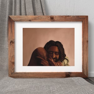 May include: A painting of two people embracing. The person in the foreground is wearing a brown robe and has their head resting on the shoulder of the person in the background. The person in the background is wearing a white robe and has their eyes closed. The background is a soft pink color.