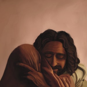 May include: A painting of two people embracing. The person in the foreground has long brown hair and a beard. They are wearing a light brown robe. The person in the background is wearing a dark brown robe. The background is a light brown color.