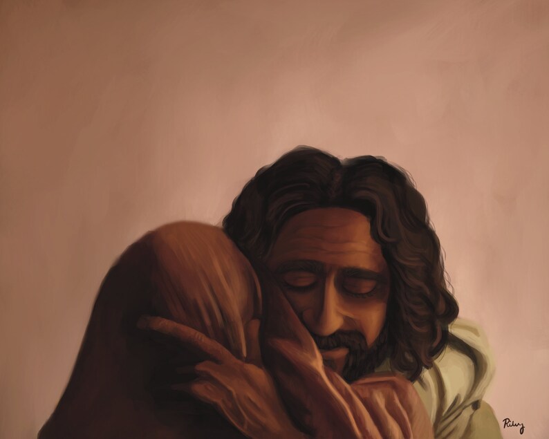 May include: A painting of two people embracing. The person in the foreground has long brown hair and a beard. They are wearing a light brown robe. The person in the background is wearing a dark brown robe. The background is a light brown color.