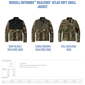 May include: Image of three Russell Outdoors Realtree Atlas soft shell jackets. The jackets are in Deep Black/Realtree Edge, Cargo Brown/Realtree Edge, and Full Realtree Edge. The image also includes a chest width measurement guide and a size chart.