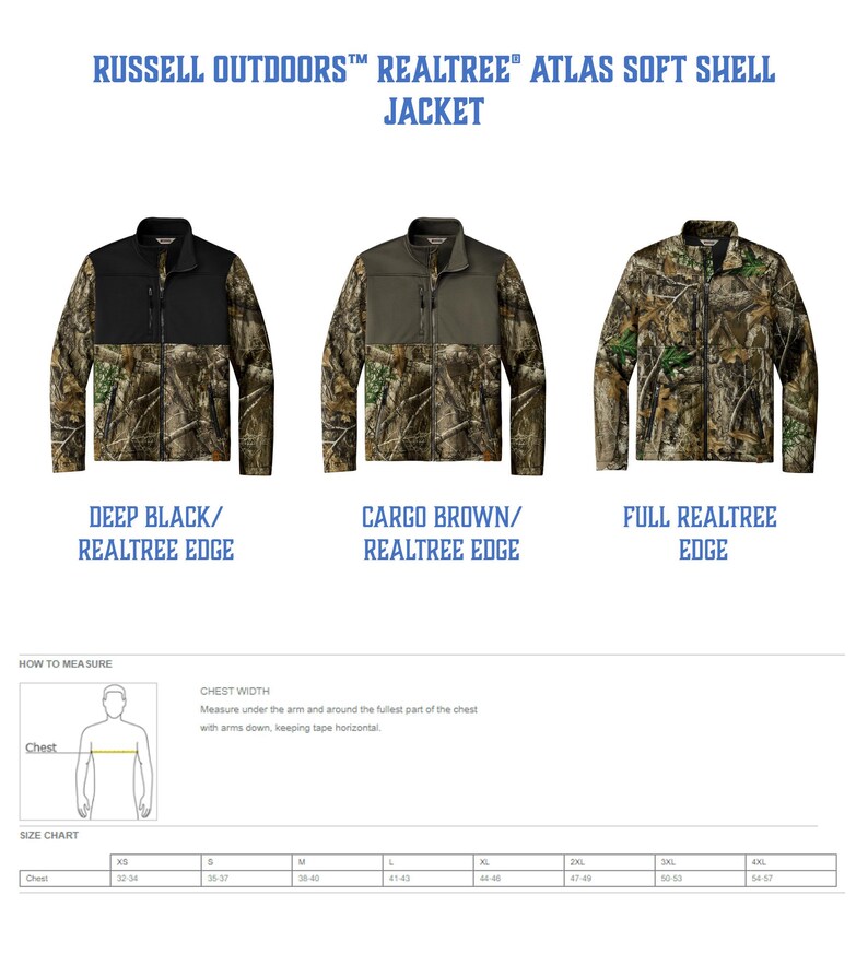 May include: Image of three Russell Outdoors Realtree Atlas soft shell jackets. The jackets are in Deep Black/Realtree Edge, Cargo Brown/Realtree Edge, and Full Realtree Edge. The image also includes a chest width measurement guide and a size chart.