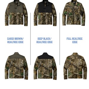 May include: A collection of camouflage jackets in various styles. The jackets feature a Realtree Edge pattern with color-blocked panels in cargo brown, deep black, and full Realtree Edge. The text "CARGO BROWN/ REALTREE EDGE", "DEEP BLACK/ REALTREE EDGE", and "FULL REALTREE EDGE" is displayed.