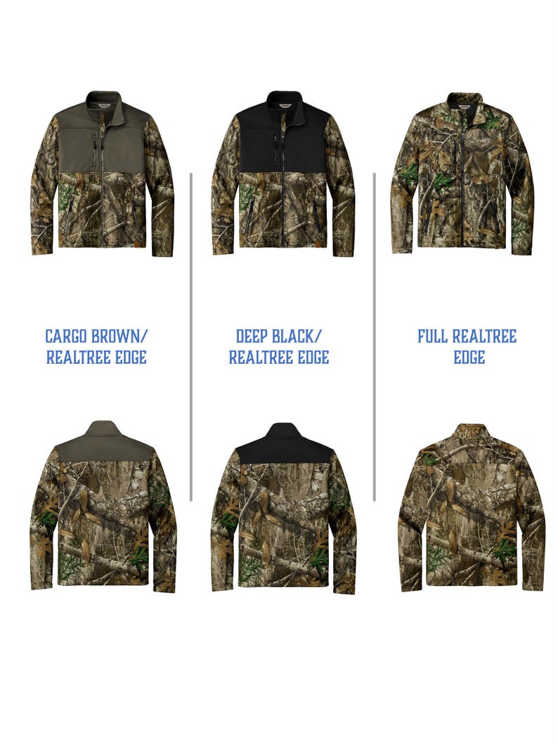 May include: A collection of camouflage jackets in various styles. The jackets feature a Realtree Edge pattern with color-blocked panels in cargo brown, deep black, and full Realtree Edge. The text "CARGO BROWN/ REALTREE EDGE", "DEEP BLACK/ REALTREE EDGE", and "FULL REALTREE EDGE" is displayed.