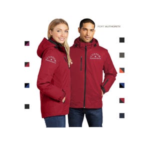 May include: A red hooded jacket with a black front zipper, featuring the text "CUSTOM Embroidery" on the chest. The jacket includes a hood with drawstrings, long sleeves with cuffs, and side pockets. A color palette of eight squares is displayed.