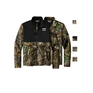 May include: Two camouflage jackets with a black upper section and the text "NAME LOGO". The jackets have a full zipper and a high collar. The camouflage pattern includes shades of brown, green, and tan.