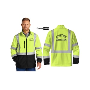 May include: A high-visibility work jacket in neon yellow and black. The jacket features reflective stripes on the sleeves and a black lower section. The text "CUSTOM LOGO & TEXT" is printed on the back and chest.