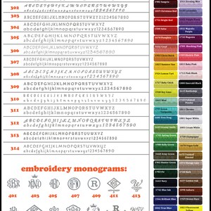 May include: A reference chart for embroidery, featuring various font styles and thread colors. Includes examples of uppercase and lowercase alphabets, numbers, and monogram designs. The thread color options are listed with their corresponding names.