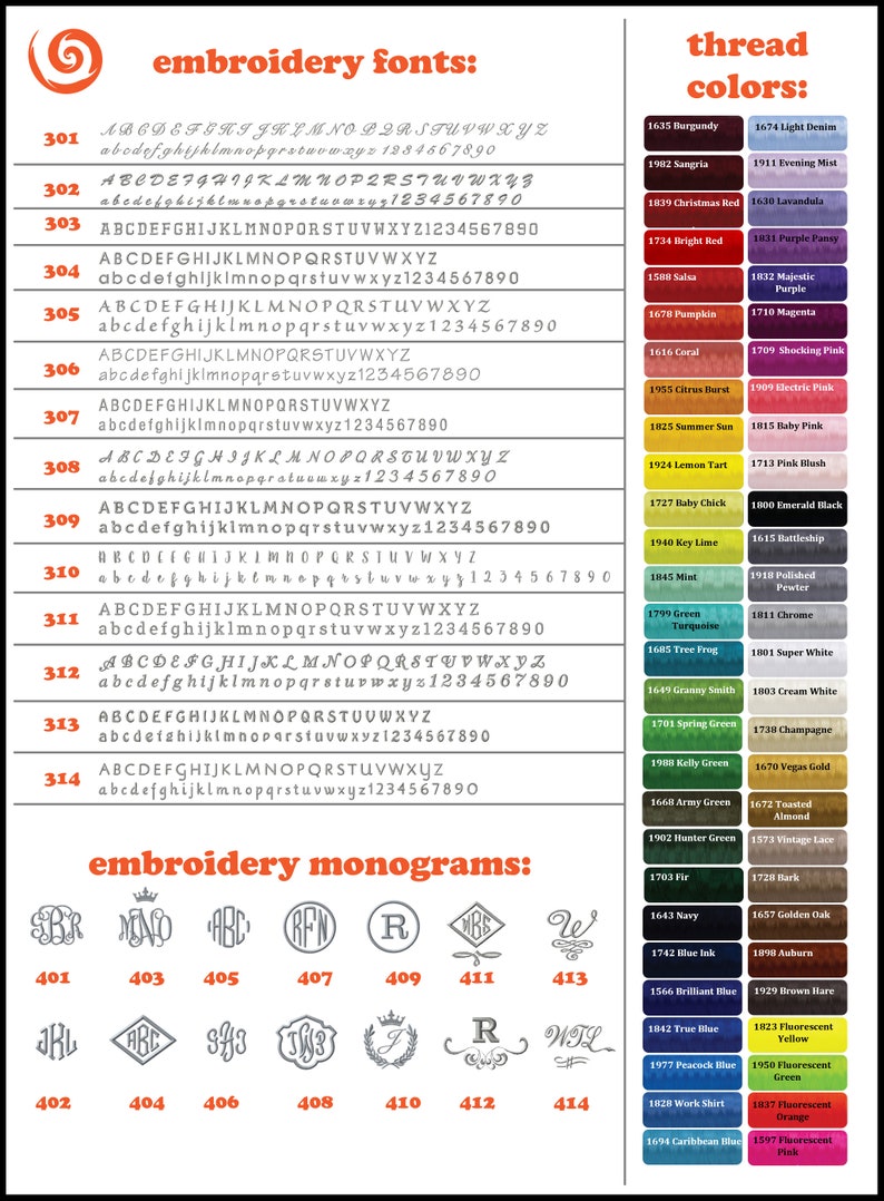 May include: A reference chart for embroidery, featuring various font styles and thread colors. Includes examples of uppercase and lowercase alphabets, numbers, and monogram designs. The thread color options are listed with their corresponding names.
